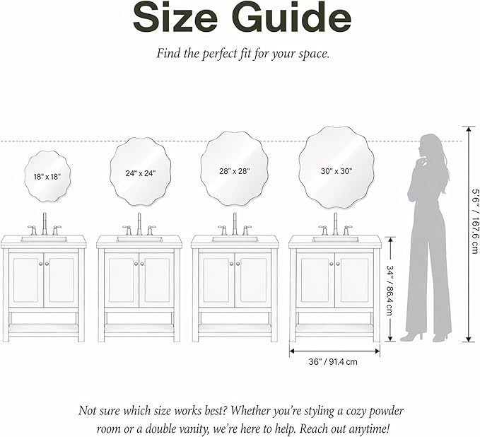 CILIBER Frameless Wavy Round Mirror, 18'' Scalloped Circle Wall Mirror, 3mm Tempered Glass Decorative Bathroom Vanity Mirror, Mounting/Leaning for Mantel, Living Room, Bedroom and Entryway
