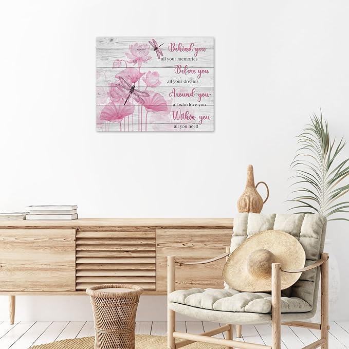 LB Pink Floral Inspirational Wall Art Vintage Farmhouse Flower with Dragonfly on Wood Canvas Wall Art Aesthetic Wall Decor for Bedroom Bathroom Living Room Framed Artwork Ready to Hang 12L x 12W