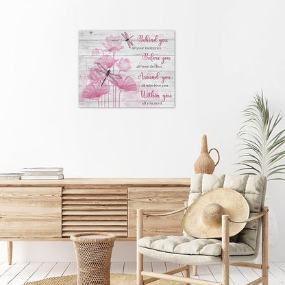 LB Pink Floral Inspirational Wall Art Vintage Farmhouse Flower with Dragonfly Wood Canvas Wall Art Modern Aesthetic Wall Decor for Bedroom Bathroom Living Room Framed Artwork Ready to Hang 16L x 20W
