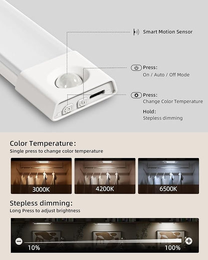 EZVALO 6-Pack Under Cabinet Lighting, Wireless Closet Lights, 50 LED Rechargeable Motion Sensor Light, Dimmable, 3 Color Temperatures, 11.8 inch Counter Lights for Kitchen, Pantry, Bedroom, Wardrobe