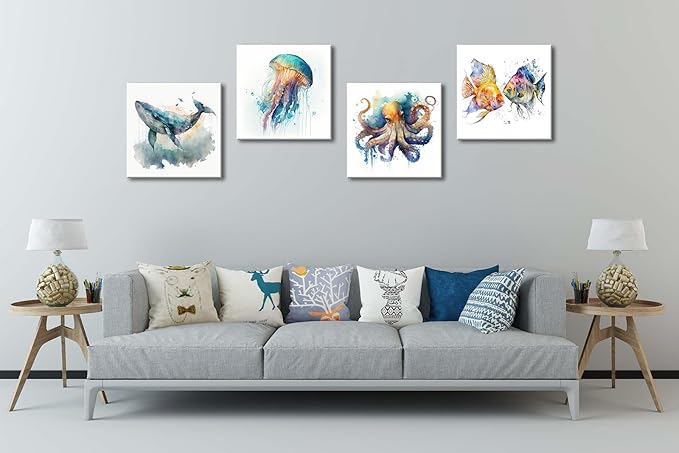 Colorful Marine Life Canvas Wall Art for Bathroom Decor, Green Jellyfish Picture Print, Watercolor Fish Artwork Sea Life Blue Orange Octopus Painting Poster for Bedroom Living Room Decoration 12"x12"