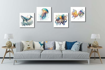 Colorful Marine Life Canvas Wall Art for Bathroom Decor, Green Jellyfish Picture Print, Watercolor Fish Artwork Sea Life Blue Orange Octopus Painting Poster for Bedroom Living Room Decoration 12"x12"