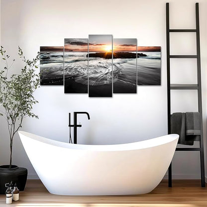 SkenoArt 5 Panels Large Ocean Beach Pictures Canvas Wall Art Modern Black and White Gold Sunset Seascape Artwork for Living Room Home Office Wall Decor Ready to Hang