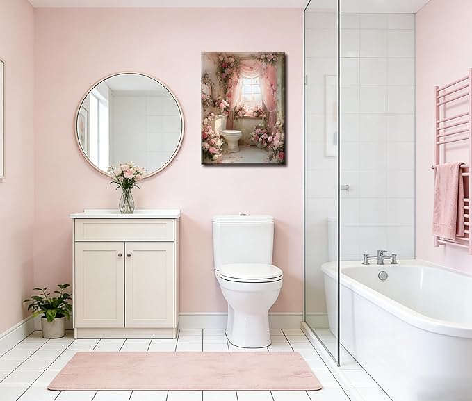 Frimeeme Romantic Rose Garden Toilet Decor,Pink Floral Bathroom Canvas Wall Art, Modern Landscape Prints for Bathroom Restroom Home Decoration((12x16 in Canvas), 12x16 Inch
