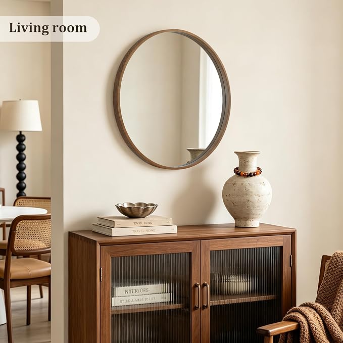 HOMECOOKIN Round Wood Mirror 24 inch Circle Mirror, Rustic Farmhouse Wooden Framed Decorative Wall Decor, Vanity Wall Mirror for Bathroom, Bedroom, Entryway, Living Room (Walnut)