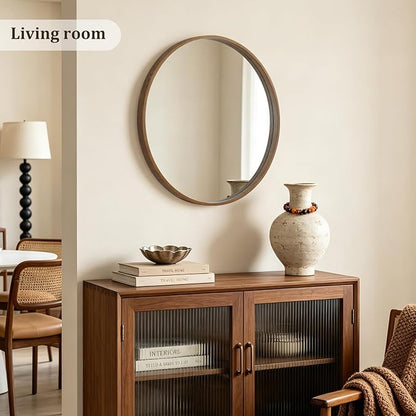HOMECOOKIN Round Wood Mirror 24 inch Circle Mirror, Rustic Farmhouse Wooden Framed Decorative Wall Decor, Vanity Wall Mirror for Bathroom, Bedroom, Entryway, Living Room (Walnut)