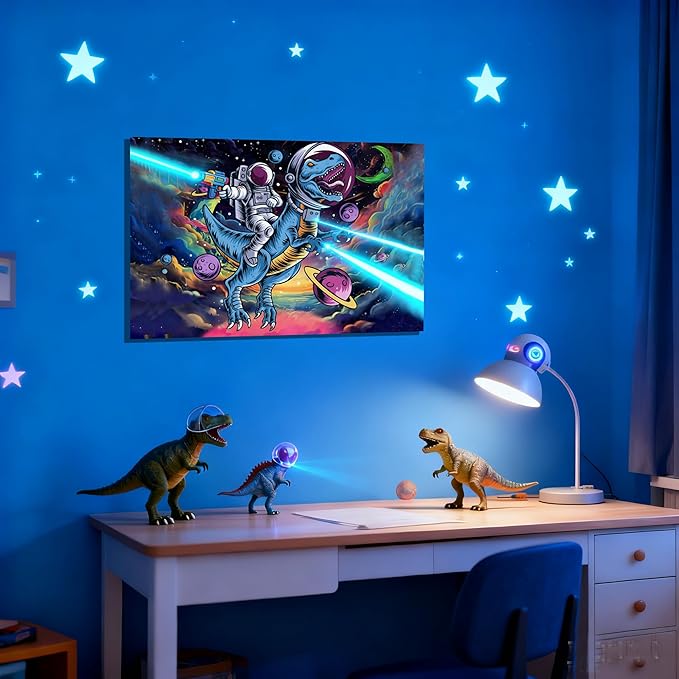 16x24 Space Astronaut Dinosour Star Wars Canvas Wall Art Watercolor Framed Prints Teen Boy T-Rax in Galaxy Cosmic Home Decor Painting Kids Bedroom Picture Child Room Funny Poster Kids Bathroom Photo