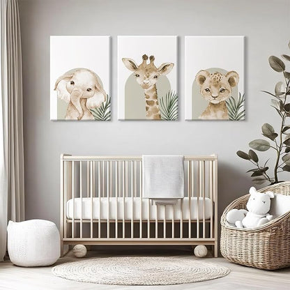 Nursery Animal Wall Art Decor Safari Jungle Nursery Pictures Baby Boy Room Canvas Wall Decor Woodland Animals Prints Safari Giraffe Artwork for Boys Kids Bedroom 16x24 Inch Wrapped Canvas Set of 3