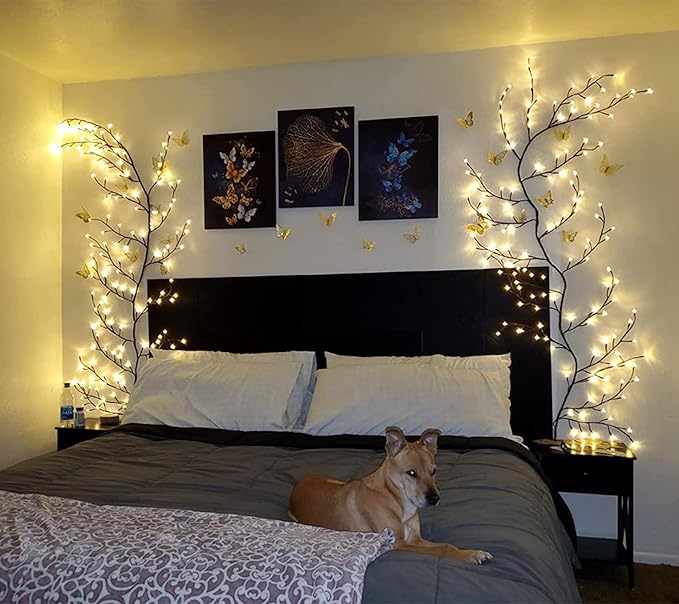 LKGOOD Vines for Room Decor with Remote Control On/Off Timmer Dim,7.5FT Artificial Plants Tree Willow Vine Lights Plug in 144 LEDs for Walls Bedroom,Living Room,Indoor Home Decoration(Brown)