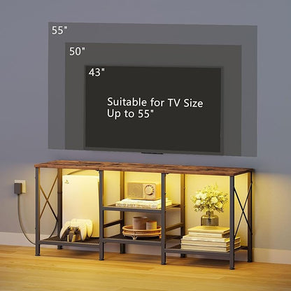 JARHETUN TV Stand with LED Lights for 55 Inch TV, Entertainment Center with 3-Tier Open Shelves, TV Console Table for Living Room, Bedroom, Rustic Brown