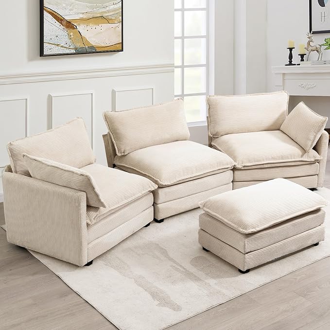 ROWHY Oversized Modular Sectional Sofa with Movable Ottoman, 112 Inch 4 Seat Modern Corduroy Sofa Set, Convertible L Shaped Couch for Living Room and Office, Beige