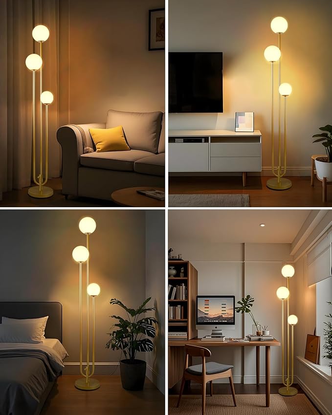 63IN 3-Light Dimmable Floor Lamp, Unique Gold Tall Standing Lamps with 3000K G9 Bulbs for Reading, Mid Century Modern Floor Lamp with 5Lbs Heavy Base for Living Room Bedroom Home Office
