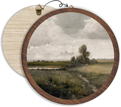 Rustic Landscape Hanging Wall Decor, Vintage Rustic Cottage Landscape Round Wooden Wall Art, Countryside Farmhouse Western Retro Decorations for Apartment Home Living Room Bedroom Bathroom Office, 12