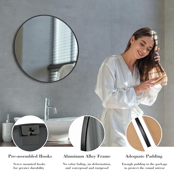 NEWBULIG Round Bathroom Mirror for Over Sink, 24 Inch Wall Mount Vanity Circle Mirror with Matte Metal Framed, Decor for Bathroom, Entryway, Bedroom, Black