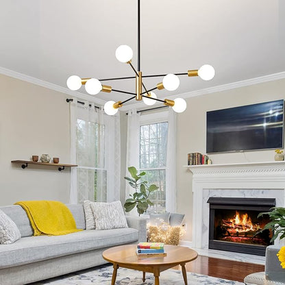 RUIYEY Modern Sputnik Chandeliers Black and Gold Mid Century Chandelier 8-Light Dining Room Light Fixture Height Adjustable Ceiling Lights Farmhouse Chandeliers for Kitchen Island Living Room