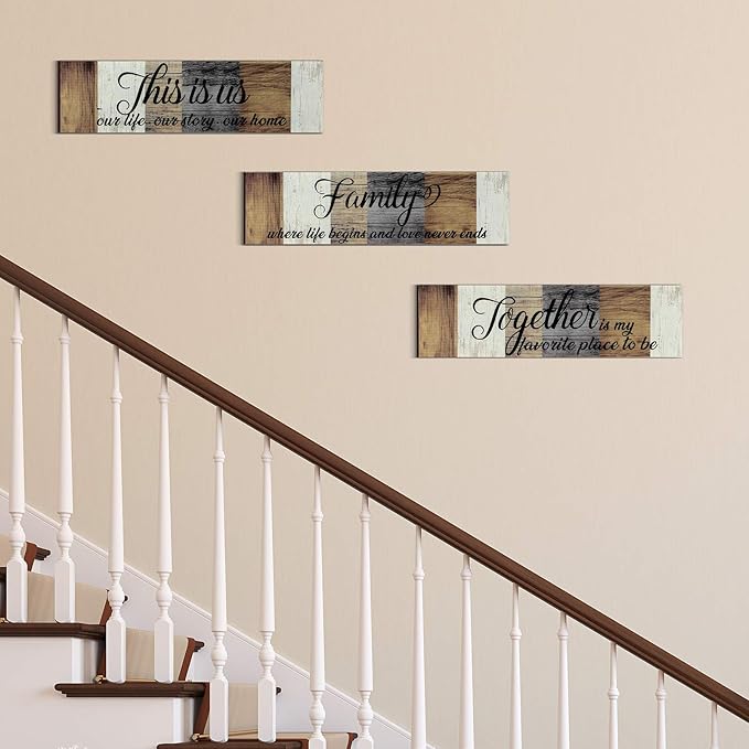 Jetec 3 Pieces Family Wooden Sign This Is Us Sign Rustic Wooden Family Home Decor Together Hanging Wall Decorations for Living Room Kitchen Bedroom Laundry Bathroom Warming(Brown, Beige, Gray)