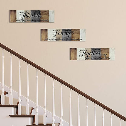 Jetec 3 Pieces Family Wooden Sign This Is Us Sign Rustic Wooden Family Home Decor Together Hanging Wall Decorations for Living Room Kitchen Bedroom Laundry Bathroom Warming(Brown, Beige, Gray)