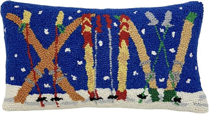 Hand Hooked Christmas Pillow - 9X16 inches Throw Pillow for Couch or Dorm (Skis)