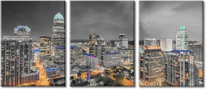 TUMOVO Charlotte North Carolina Skyline Black and White Wall Art 3 Pieces Nighttime Lightscape Bedroom Living Room City Skyline Wall Decor for Living Room Framed Ready to Hang (36" Wx16 H)