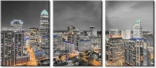 TUMOVO Charlotte North Carolina Skyline Black and White Wall Art 3 Pieces Nighttime Lightscape Bedroom Living Room City Skyline Wall Decor for Living Room Framed Ready to Hang (36" Wx16 H)
