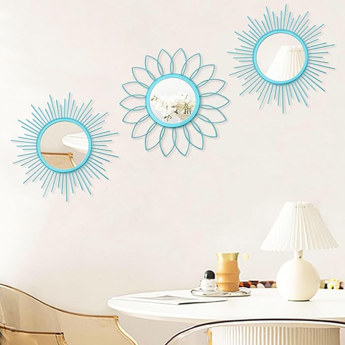 3 Pack Metal Mirrors for Wall Sunburst Wall Mirrors Home Décor Decorative Hanging Wall Art for Living Room Bedroom Entryway (Greenish Blue, Flower+Sunburst)