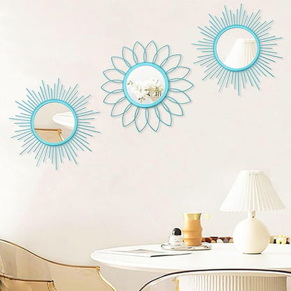 3 Pack Metal Mirrors for Wall Sunburst Wall Mirrors Home Décor Decorative Hanging Wall Art for Living Room Bedroom Entryway (Greenish Blue, Flower+Sunburst)