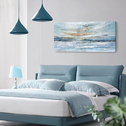 Abstract Wall Art for Living Room Large Framed Light Blue Canvas Print Coastal Theme Artwork Modern Ocean Skyline and Sunset & Sunrise in the Seaside Painting for Home Bedroom Décor 48x24inch