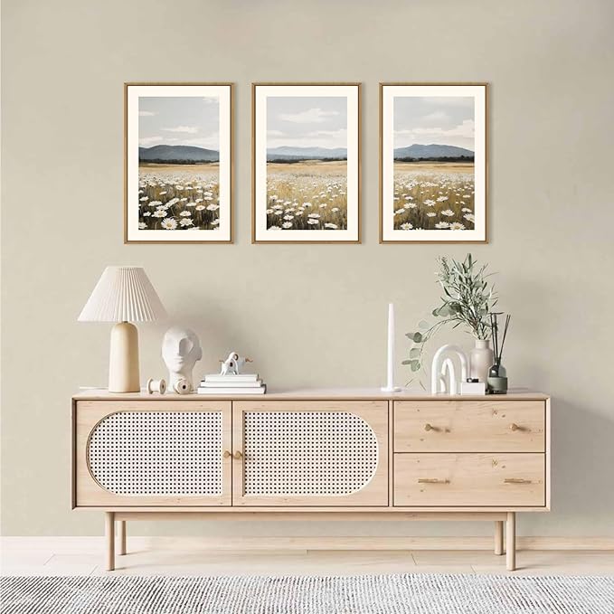 HPNIUB Wildflower Floral Field Framed Canvas Wall Art White Daisy Flowers Wall Decor,Rustic Calming Landscape Art Printing,Boho Mountain Artwork for Living Room,Bedroom,Office Decor-16''x24''x3