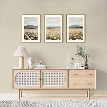 HPNIUB Wildflower Floral Field Framed Canvas Wall Art White Daisy Flowers Wall Decor,Rustic Calming Landscape Art Printing,Boho Mountain Artwork for Living Room,Bedroom,Office Decor-16''x24''x3