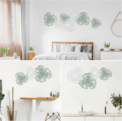 7 Piece Metal Wall Decor for Living Room, Boho Double Layered Iron Flower Wall Hanging Art, Aesthetic Indoor Metal Wall Sculpture Decor for Bedroom Kitchen Bathroom Farmhouse Home Office, Green-White
