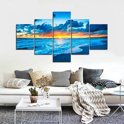 Beautiful Landscape Sunset Wave Beach Ocean Modern Seascape Pictures Painting on Canvas 5 Panels Combination Extra Large for Wall Art Living Room Home Decor Framed Stretched (60''W x 40''H)
