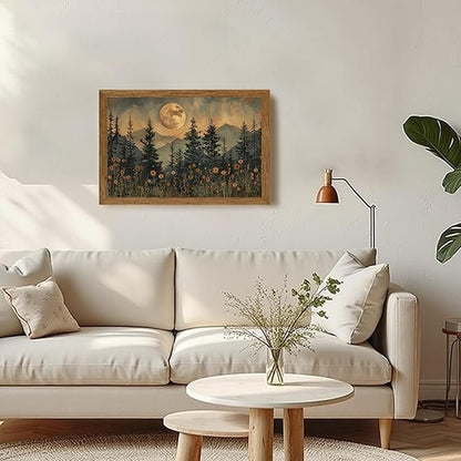 JLTULT Framed Vintage Moon Forest Canvas Wall Art, Moonlight Pine Tree Flower Wall Decor, Woodland Wildflower Picture Prints Artwork for Bedroom Living Room Office Decoration 16x24 inch Easy to Hang