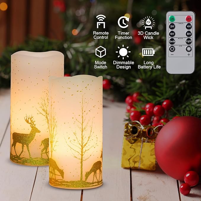 2Pack Christmas LED Flickering Flameless Candles, Battery Operated Wax Candles with Timer Remote, Flameless Pillar Candles with Forest Deer Decal for Home Decorations Christmas Gifts [Gold, 3"X6"]