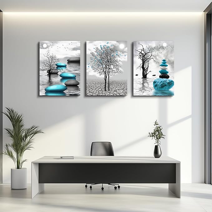 Canvas Wall Art for Living Room Wall Decor for Bedroom Bathroom Black and White Paintings Modern 3 Piece Framed Canvas Art Prints Ready to Hang Inspirational Abstract Blue Pictures Home Decorations