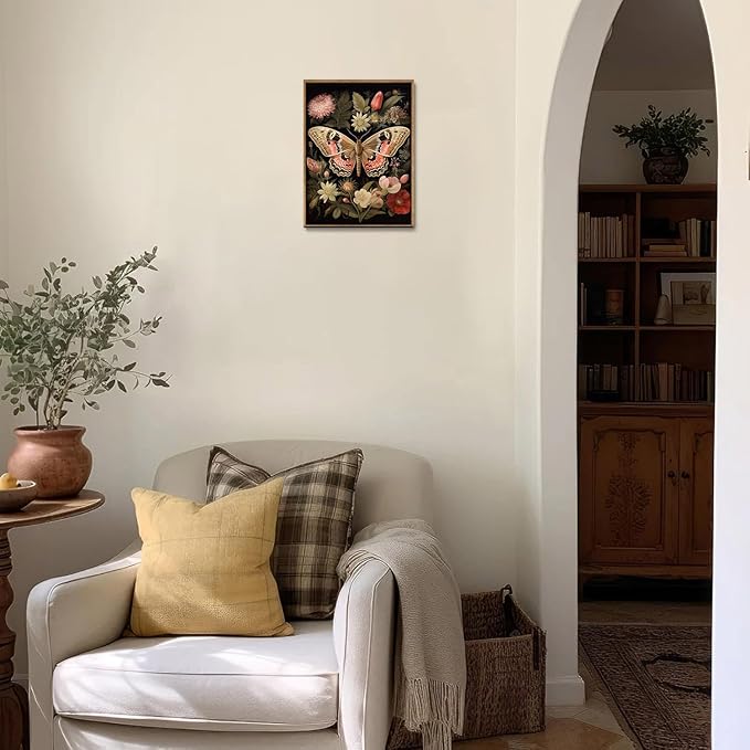 Djmwtb Vintage Framed Wall Art Butterfly Floral Canvas Wall Art Prints Boho Botanical Painting Flower Pictures Wall Decor Artwork for Living Room Bedroom Bathroom Office 8x10in