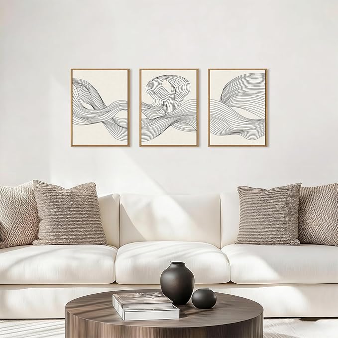 HPNIUB Neutral Abstract Beige Wave Framed Wall Art Set,Minimalist Black Line Wave Wall Decor,Modern Geometric Art Print,Boho Textured Artwork for Living Room, Bedroom,Office-12 x16 x3