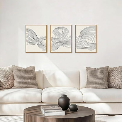 HPNIUB Neutral Abstract Beige Wave Framed Wall Art Set,Minimalist Black Line Wave Wall Decor,Modern Geometric Art Print,Boho Textured Artwork for Living Room, Bedroom,Office-12 x16 x3