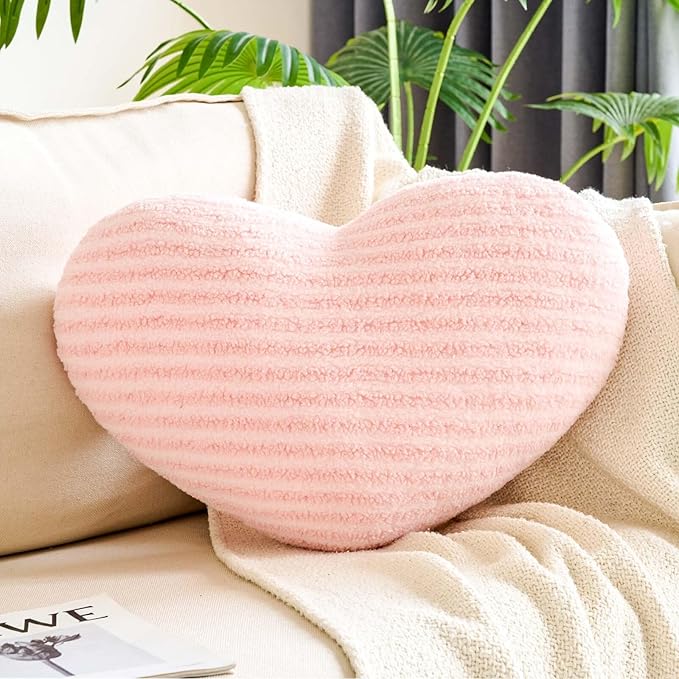 XVTRU Pink Heart Pillows, 15.7" Cute Heart Decorative Pillow, Stripe Heart Shaped Plush Throw Pillows for Bed
