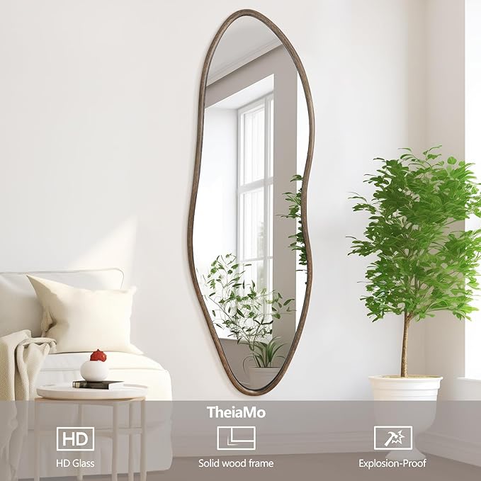 Irregular Full Length Mirror, 65"x22" Wooden Farmhouse Full Body Mirror, Large Asymmetrical Wall Mirrors for Living Room Entryway, Horizontal/Vertical, Vintage Walnut