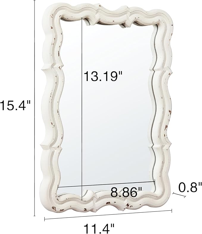 Vintage Small Scalloped Wall Mirrors Decorative 16 x 12 inch, Hanging Distressed White Sculpted Wood Bathroom Vanity Mirror, Rustic Entryway Mirror, Farmhouse Wall Mounted Mirrors