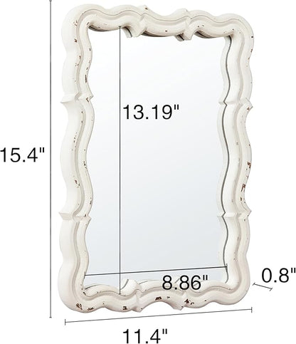 Vintage Small Scalloped Wall Mirrors Decorative 16 x 12 inch, Hanging Distressed White Sculpted Wood Bathroom Vanity Mirror, Rustic Entryway Mirror, Farmhouse Wall Mounted Mirrors