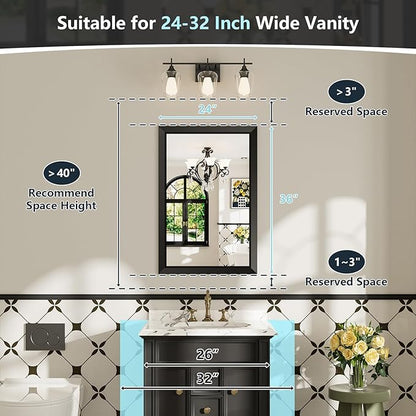 24x36 Inch Black Bathroom Mirror for Wall, Beveled Framed Rectangle Bathroom Vanity Mirrors for Over Sink, Bedroom, Living Room, Entryway, Anti-Rust, HD Tempered Glass, Horizontally/Vertically