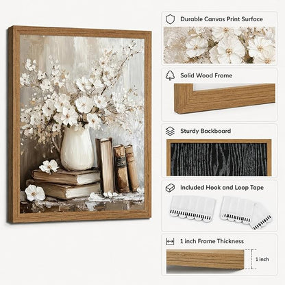 Framed Rustic Books Wall Art Farmhouse Floral Painting Picture Wall Decor Still Life Flowers Poster Print Artwork for Library Gallery Living Room Home Decoration