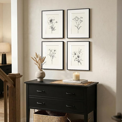 Framed Black and White Floral Wall Art Set, Vintage Minimalist Botanical Prints Artwork for Walls, Neutral Flower Pictures for Modern Farmhouse Bedroom Living Room Bathroom Wall Decor, 12x16 Inch