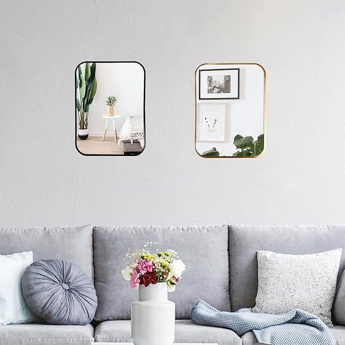 Aluminum Metal Framed Mirror with Rounded Corners, Rust Resistant, Wall Mounted Mirror for Bedroom or Living Room,Vertical Hanging (Black, 11.8x15.7inch)