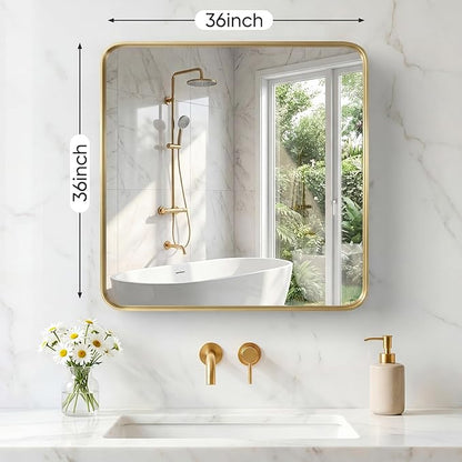 NEWBULIG 36X36 Inch Bathroom Mirror for Over Sink, Wall Vanity Mirrors Tempered Glass, Anti-Rust Metal Framed Rounded Rectangle, Hangs Horizontally or Vertically, Farmhouse Home Decor, Gold