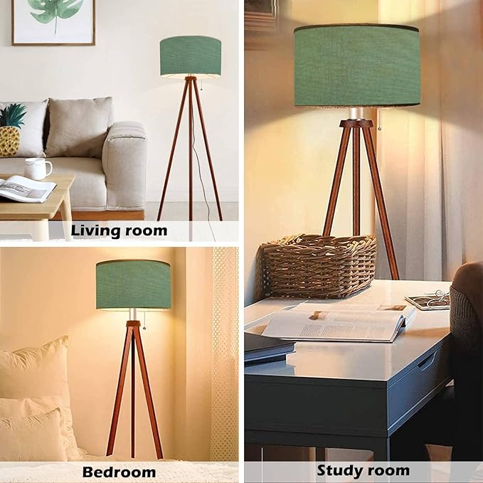 Wood Tripod Floor Lamp Dark sage Green Felt Texture Abstract Modern Standing Lamp Linen Lampshade Dimmable Tall Lamp Mid Century Floor Lamp for Living Room Bedroom