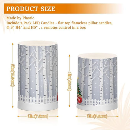 Winter Season with Red Truck Carry Christmas Tree Flickering Flameless Candles Battery Operated with Remote Timer,Tea Light Candles LED Pillar Votive Candles set of 2 for Outdoor Indoor Decorations