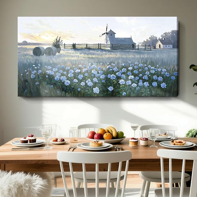 Large Framed Rustic Farmhouse Wall Art, Blue Flower Field Windmill Landscape Canvas Print, Modern Nature Country Decor Painting For Living Room Bedroom Bathroom Home Office, Ready To Hang 48X24 Inch