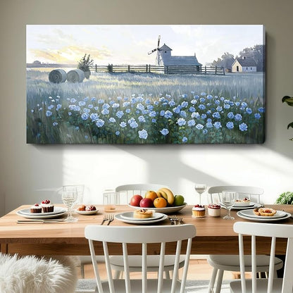 Large Framed Rustic Farmhouse Wall Art, Blue Flower Field Windmill Landscape Canvas Print, Modern Nature Country Decor Painting For Living Room Bedroom Bathroom Home Office, Ready To Hang 48X24 Inch